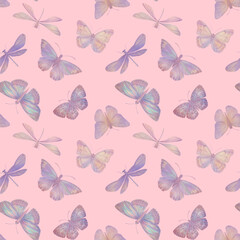 Fototapeta na wymiar Digitally processed seamless botanical pattern. Raster texture of animalistic design. Delicate watercolor butterflies collected in a seamless pattern for design.