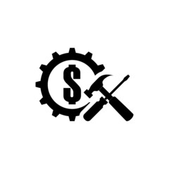 Dollar gear icon with tools isolated on white background