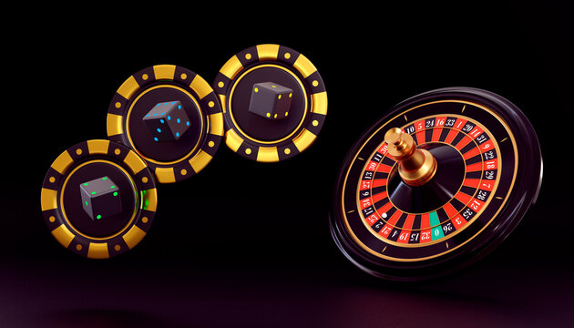 Realistic roulette wheel on purpur background. Realistic casino roulette table, chips and playing dice. Gambling concept design. 3d rendering.