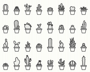 Cactus And Plant In Pot Line Icon Set - Vector