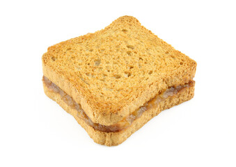 Sweet sandwich made of toasts and homemade apricot jelly jam isolated on white background