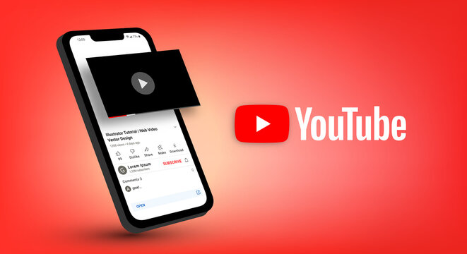 Youtube page on smartphone screen, isometric design, vector editorial illustration