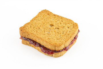 Toast sandwich with red fruit marmalade isolated on white background. Jam jelly spread snack