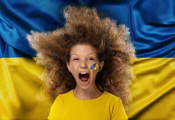 Conceptual collage with scared little girl, kid shouting isolated on Ukrainian flag colors...