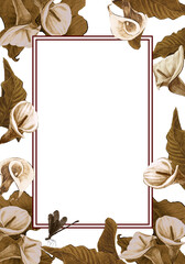 Card with flowers, leaves, watercolor colorful illustration isolated on white background, floral frame for your greeting or invitation, banner, poster or cover, wildlife garden
