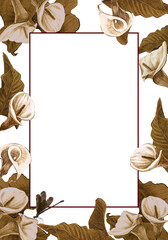 Card with flowers, leaves, watercolor colorful illustration isolated on white background, floral frame for your greeting or invitation, banner, poster or cover, wildlife garden