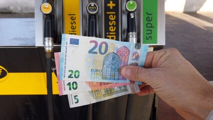 Europe, Italy , Milan March 2022 - Increase in the cost of gasoline in italian  petrol pump station...