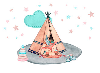 Children's wigwam for games with a sleeping deer on a pillow. Hand drawn watercolor isolated on white background for print, card, invitation, poster, label and other.. © Alyona Pugachova