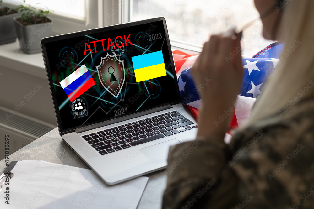 Poster computer hacker or cyber attack concept background with ukraine flag and the russian bear-hacker