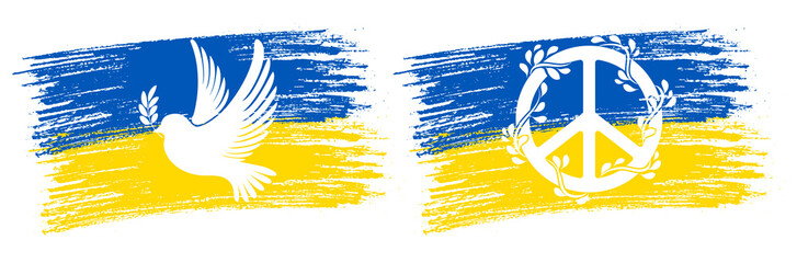 White dove silhouette flying with olive twig, and pacific sign on the flag of Ukraine. Concept of peace in Ukraine. Vector illustration.