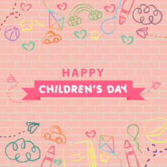 Happy Children's Day Chalk Art on Wall Vector 