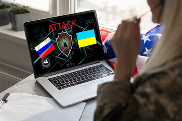 Computer hacker or Cyber attack concept background with Ukraine flag and the Russian bear-hacker