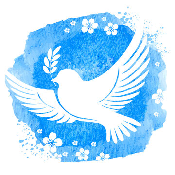 White dove silhouette flying with olive twig on the blue watercolour background with flowers. Symbol of peace. Vector illustration.