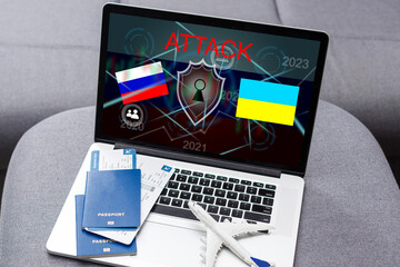 cyber attack with russian flag on ukraine, icons