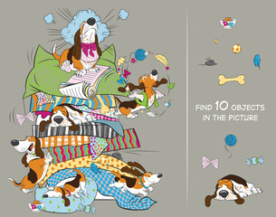 Funny dogs basset hound. Find 10 hidden objects in the picture. Hidden Object Puzzle. Vector illustration.