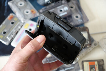 Indispensable classic cassette player of the 90s, Walkman, cassette player that is no longer used,