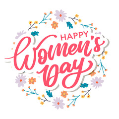 Women's Day hand drawn lettering. Red text isolated on white for postcard, poster, banner design element. Happy Women's Day script calligraphy. Ready holiday lettering design.