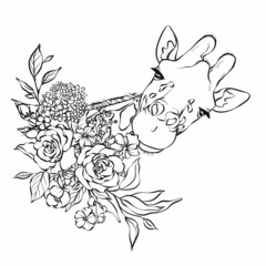 Giraffe in flowers coloring book illustration. Vector outline giraffe illustration. Animal coloring book. Peonies with giraffe coloring page. Anti stress illustration