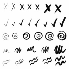 Hand drawn sketch doodle arrows, checkmarks, signs, icons, lines, brush strokes, brackets, speech bubble, highlighters, handwritten design elements set isolated on white background