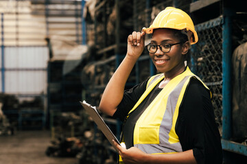 Female worker holding a hat and looking at the camera. Engineers or technicians are inspecting auto parts in warehouses and factories. African american woman holding a flipchart in parts warehouse.