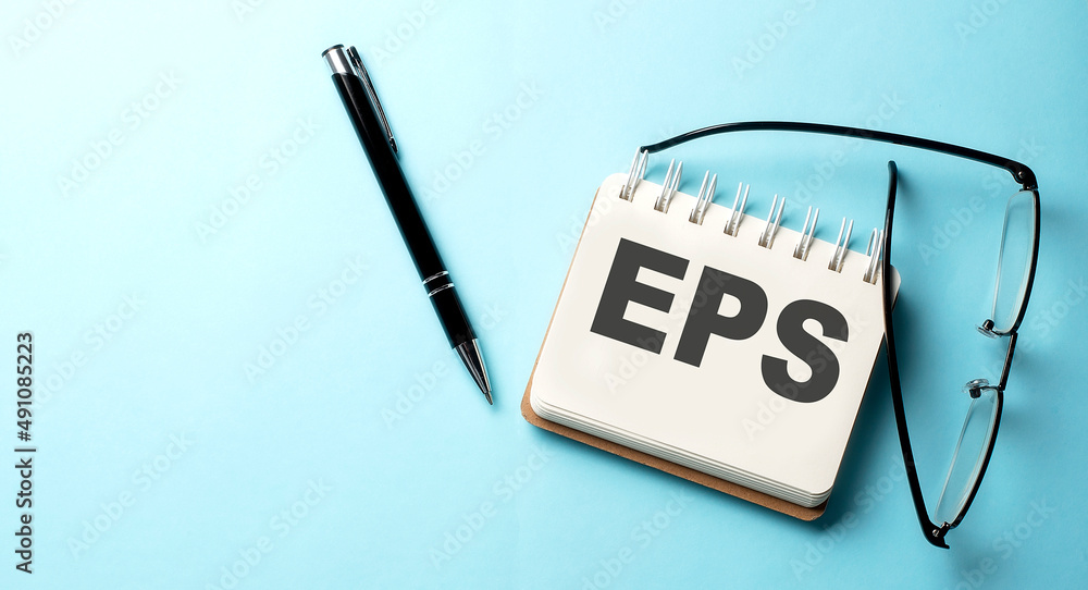 Poster eps text written on a notepad on the blue background