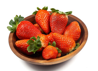 Fresh strawberry in wooden bowl on white background.