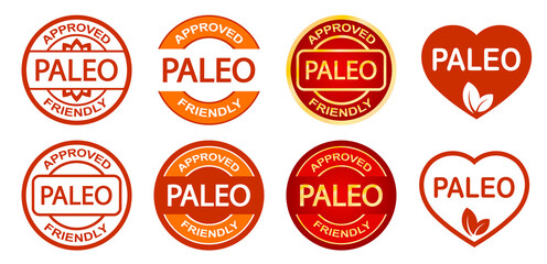 Set of Paleo approved friendly stamps. Paleo diet. Orange and red round frame. Product label. Logo or icon. Sticker