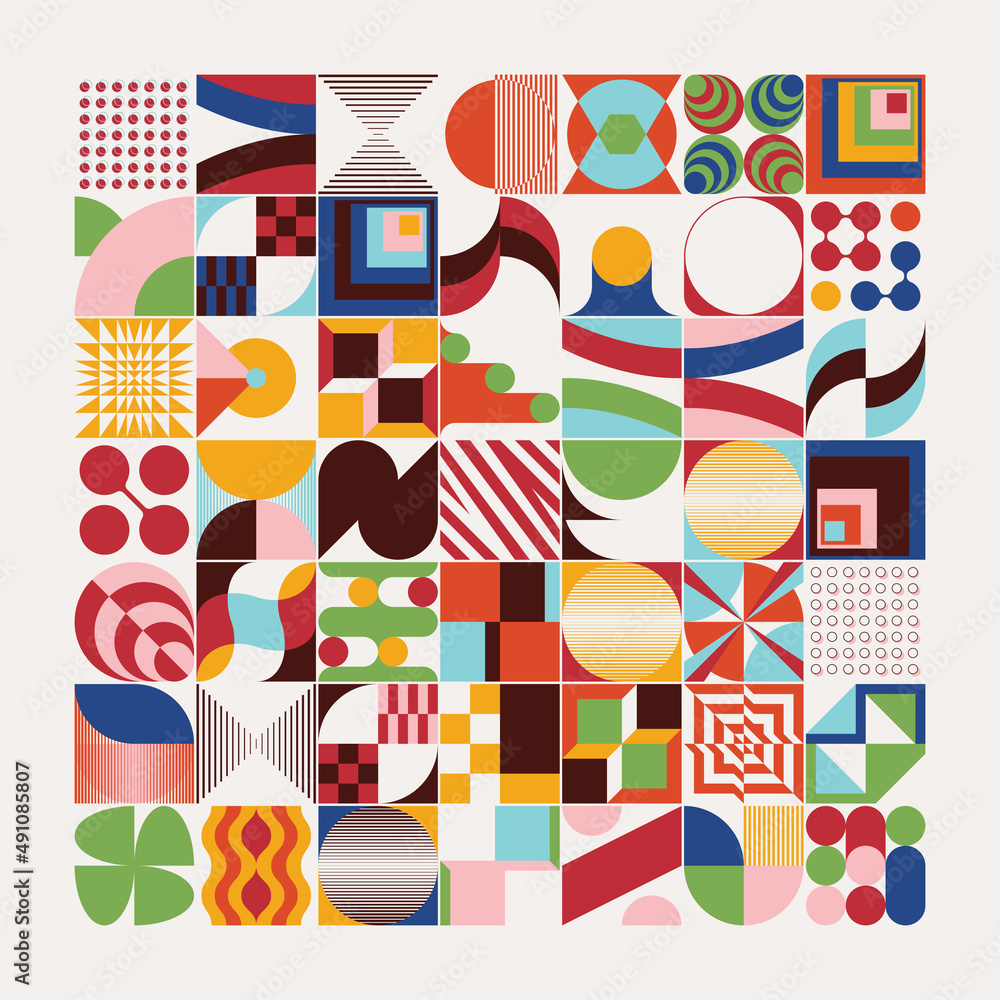 Poster mid-century inspired graphic pattern art made with abstract vector geometric shapes and elements