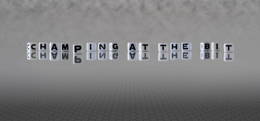 champing at the bit word or concept represented by black and white letter cubes on a grey horizon...