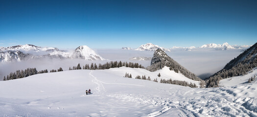 Fototapeta na wymiar panorama de montagnes enneigées au dessus du brouillard