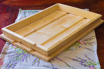 wooden tray on a cloth napkin