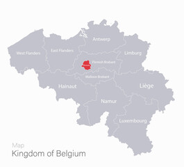 Belgium map, regions and capital city with names, gray on a white background vector