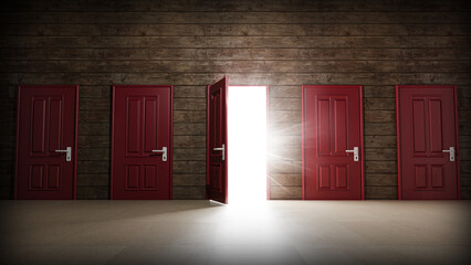 View of a room with wooden walls and tiled floor. Five red doors with white handles, one door is open. Bright white light shines through them. Concept of choice, difficult decision, career opportunity