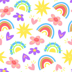 Fototapeta na wymiar Seamless colorful pattern with childish doodle elements. Pattern with cartoon decorative bright elements