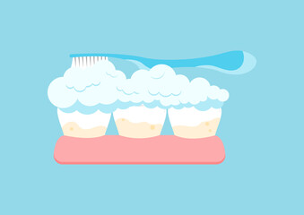 Tooth with yellow tartar plaque cleaning with toothpTooth with yellow tartar plaque cleaning with toothpaste and toothbrush. Teeth in gum stain treatment, remove calculus and cleanaste and toothbrush.