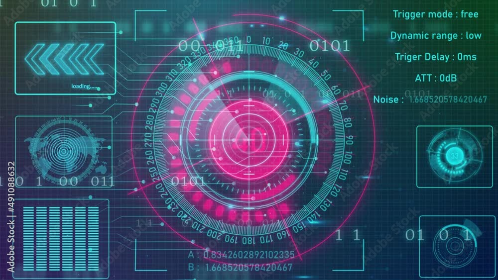 Poster radar hud screen animation 4k. motion graphic of colorful sonar radar screen searching an object wit