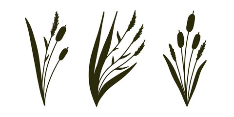 Reed Grass Silhouette. Black hand drawn Reeds Sketch. Vector set of isolated elements.