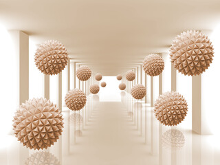 3d image beige tunnel with walls and balls flying out of it