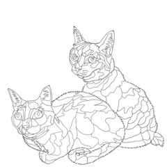 Two cats ilustration,  for Patchwork collage Quilt cat line black and white