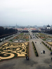 View of the colorful parterres of the garden in the Upper Belvedere complex, Vienna, Austria.