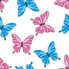 Pink and blue butterflies on white background. Vector seamless pattern. Cartoon flat illustration.
