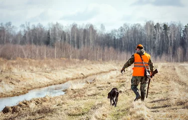 Foto op Plexiglas Pheasant hunting, hunter with dog © Zhanna