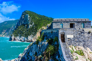 View from Grotta di Lord Byron to beautiful coast scenery - travel destination of Porto Venere,...