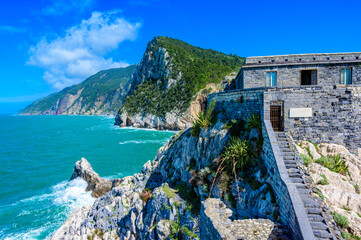 View from Grotta di Lord Byron to beautiful coast scenery - travel destination of Porto Venere,...