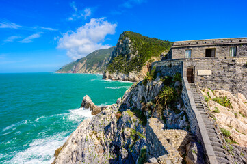 View from Grotta di Lord Byron to beautiful coast scenery - travel destination of Porto Venere,...
