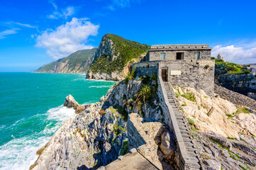 View from Grotta di Lord Byron to beautiful coast scenery - travel destination of Porto Venere,...