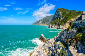 View from Grotta di Lord Byron to beautiful coast scenery - travel destination of Porto Venere,...