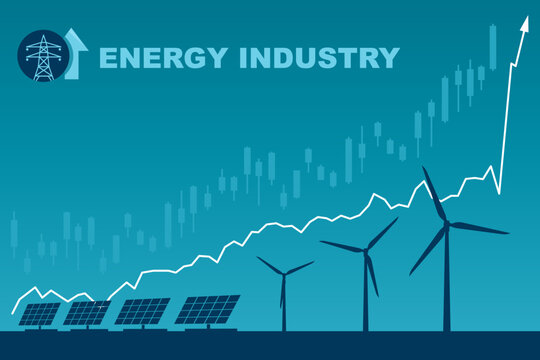 Silhouette of a wind turbine and solar panels. Ascending price chart for the energy industry the concept of a vector illustration of price growth