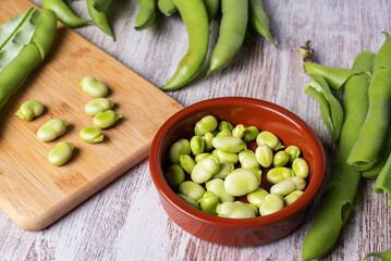 Fresh broad beans next to a clay plate with its fruit.