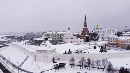  View from the height of the copter of the Kazan Kremlin on a snowy winter day.